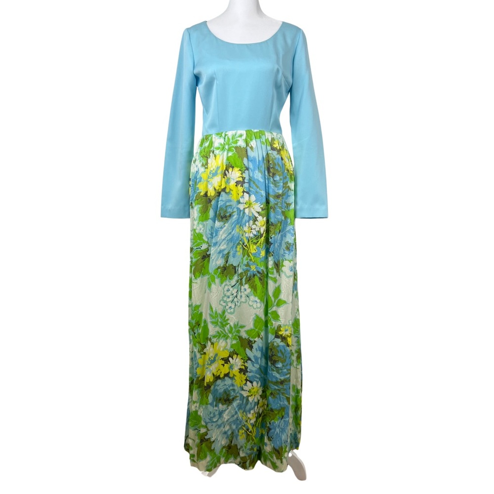 Vintage Handmade 70s Floral Blue Long Sleeve Maxi Dress XS/S